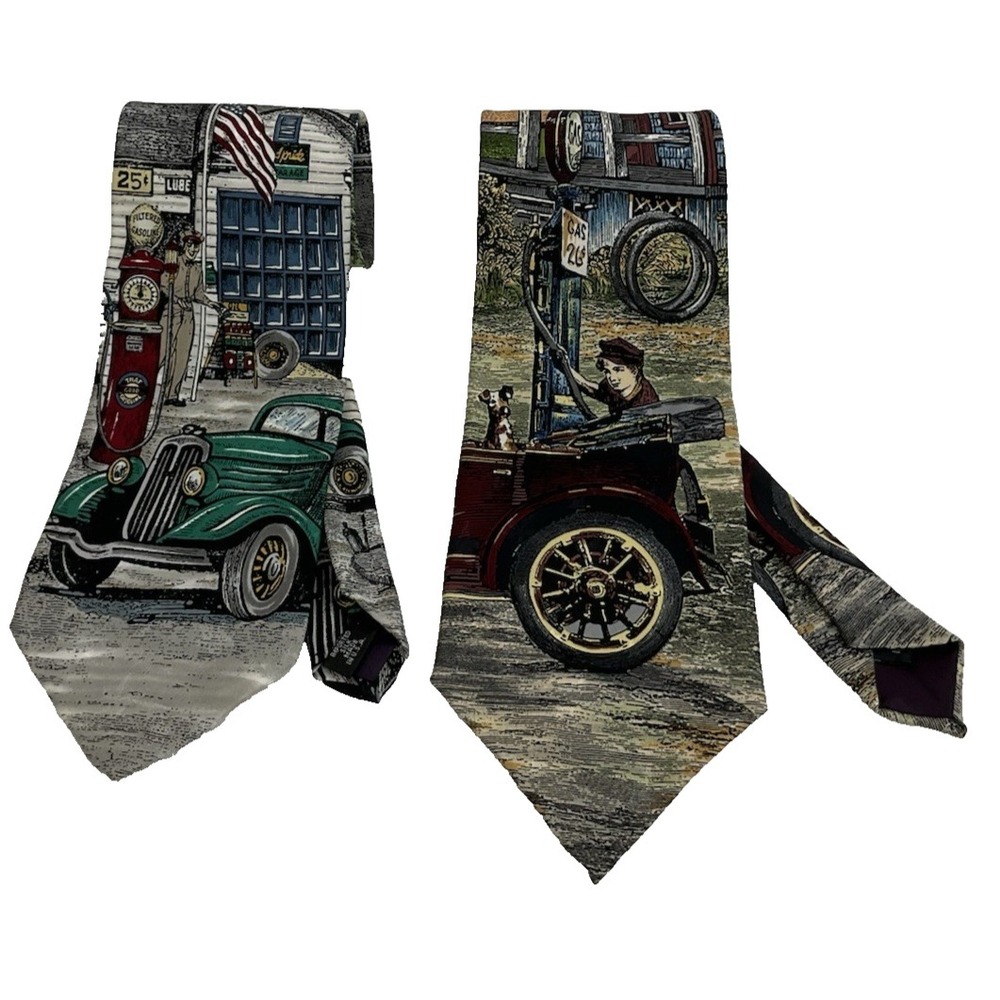 Vintage Tango Max Raab Silk Tie Lot 2 Americana Series Gas Station Car 90s